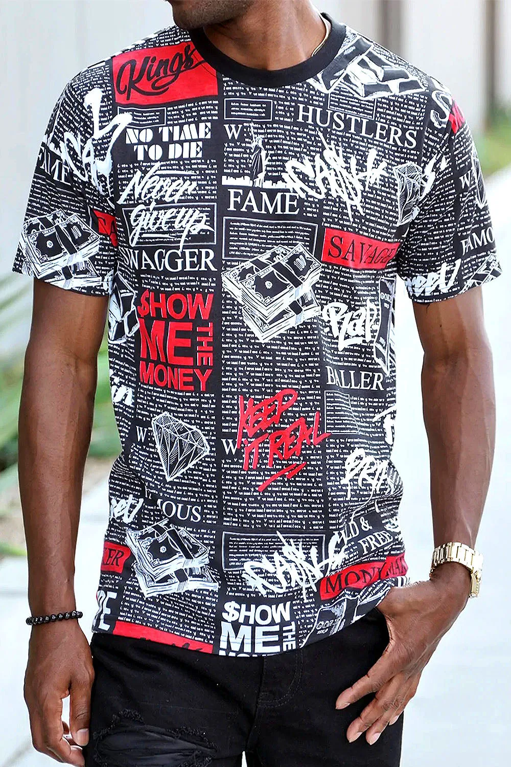 All Over Newspaper Graphic T-Shirts