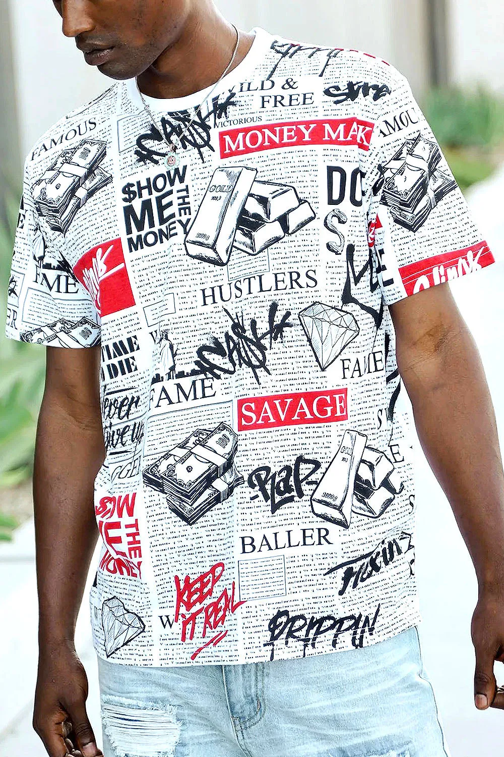 All Over Newspaper Graphic T-Shirts