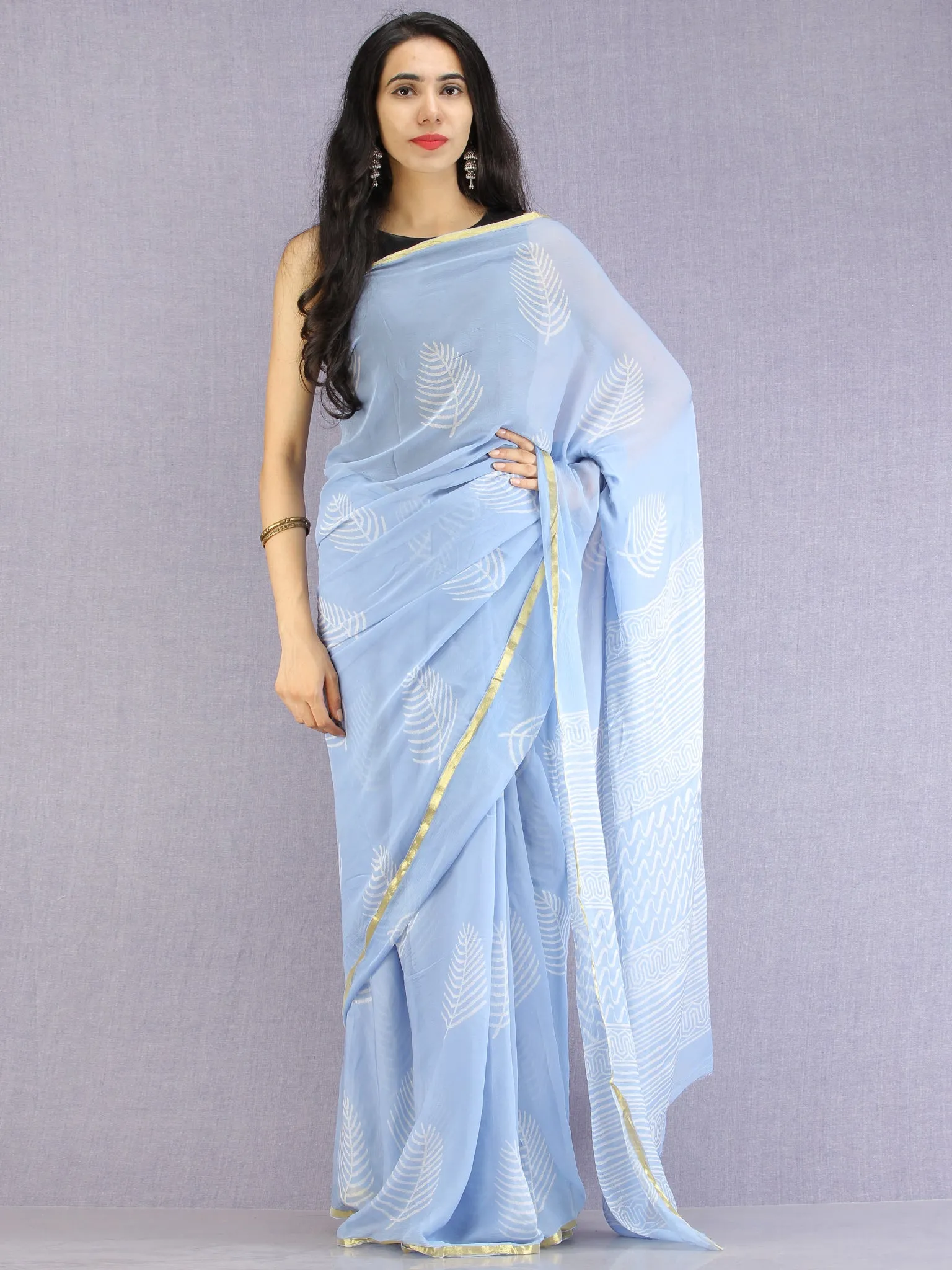 Baby Blue OffWhite Hand Block Printed Chiffon Saree with Zari Border - S031704604