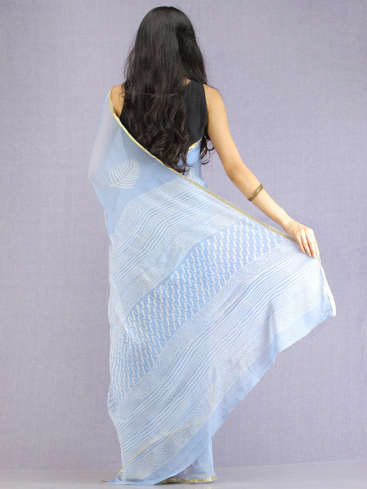 Baby Blue OffWhite Hand Block Printed Chiffon Saree with Zari Border - S031704604