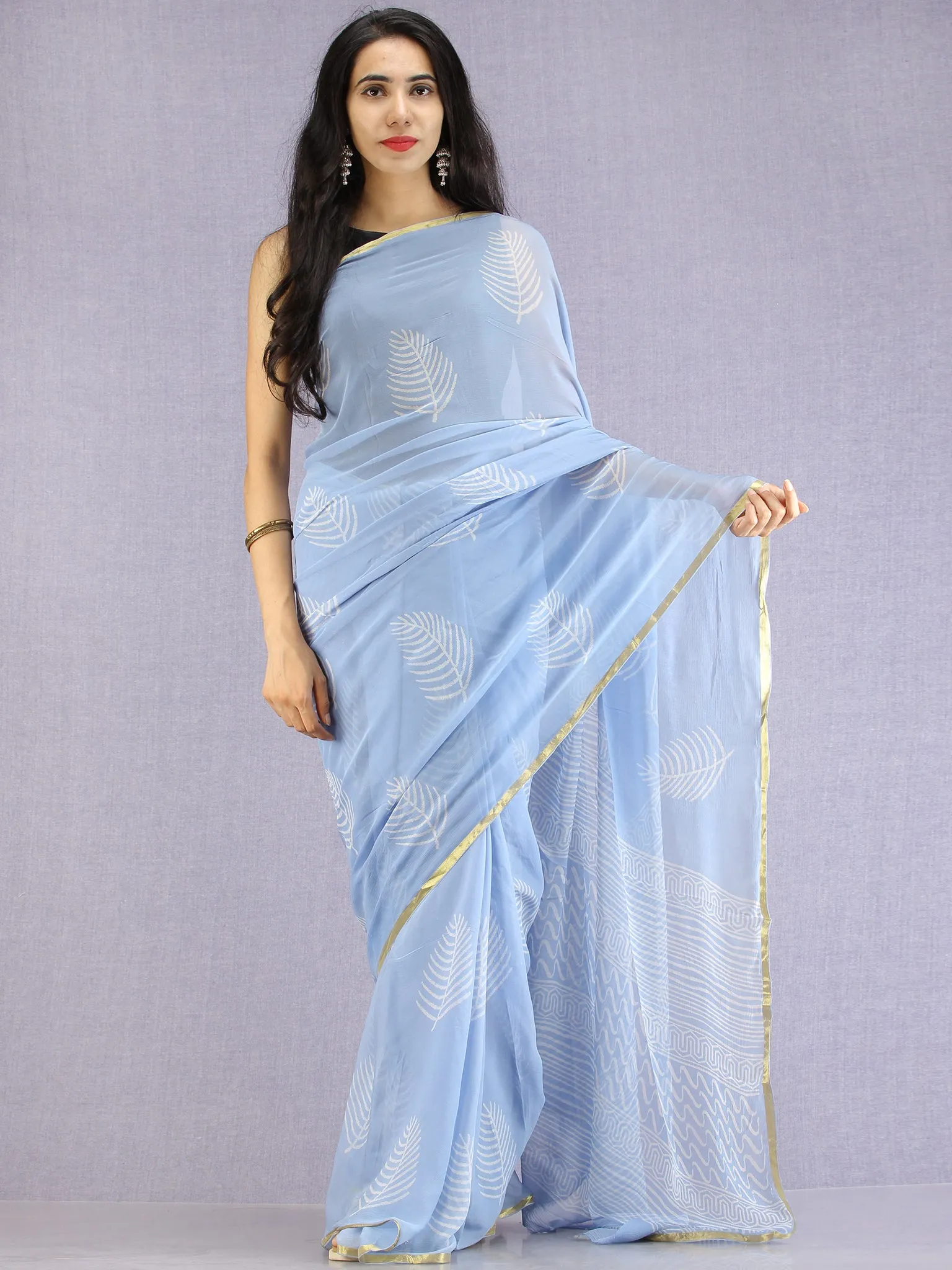 Baby Blue OffWhite Hand Block Printed Chiffon Saree with Zari Border - S031704604