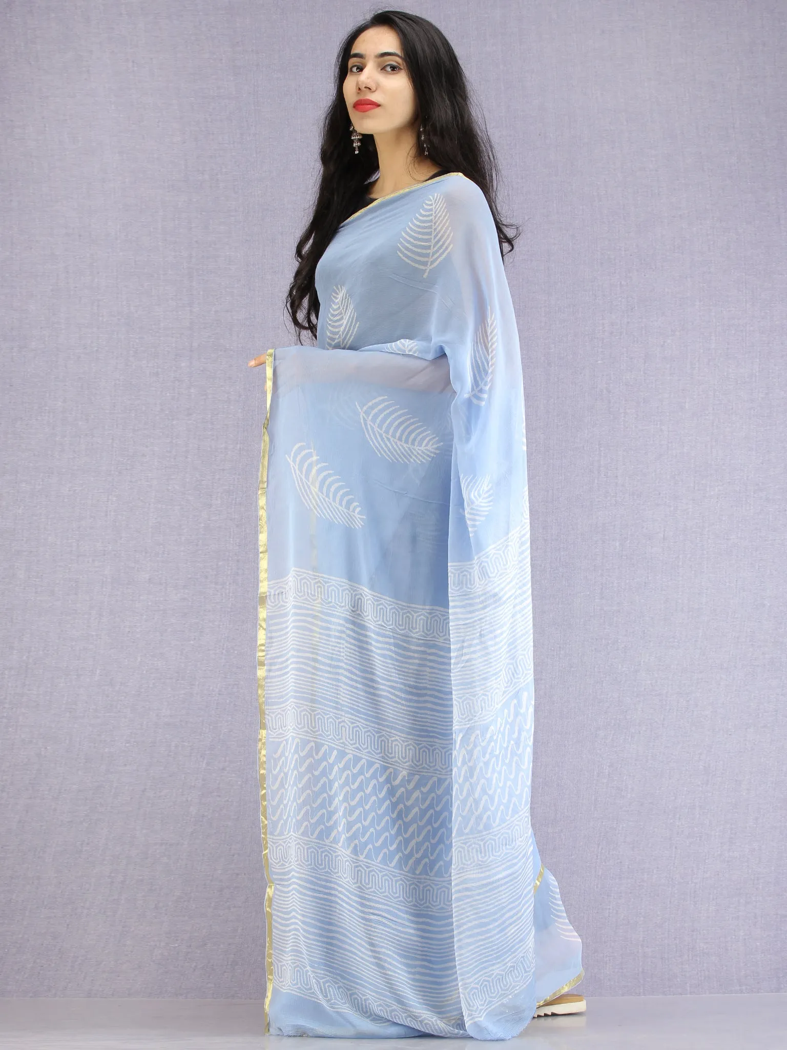 Baby Blue OffWhite Hand Block Printed Chiffon Saree with Zari Border - S031704604