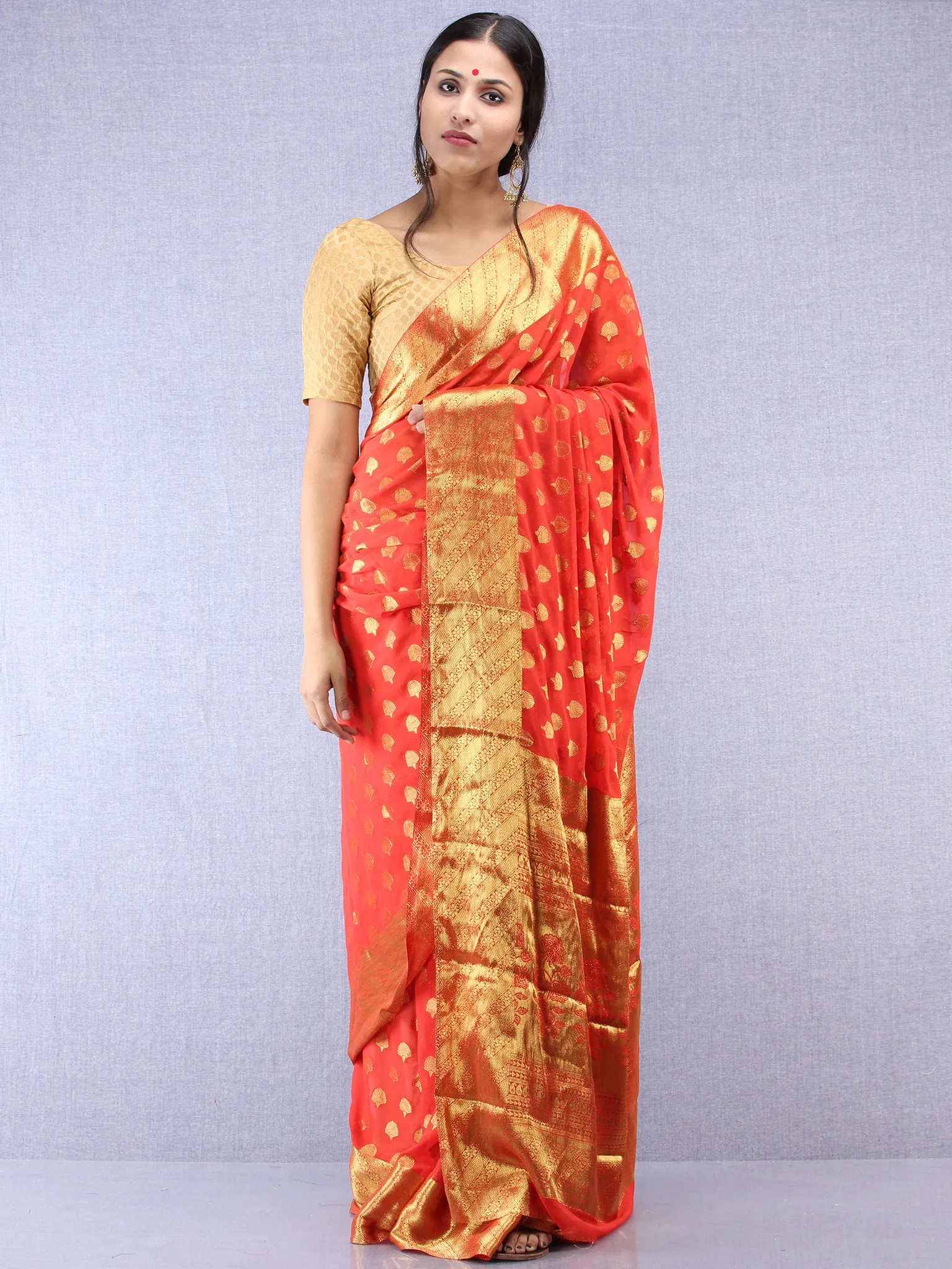 Banarasee Chiffon Saree With Golden Zari Weave - Red & Gold - S031704355