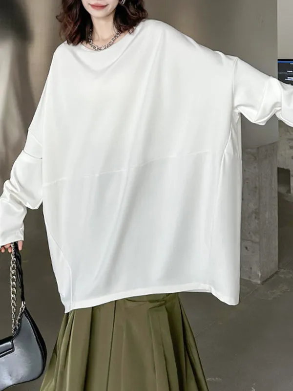 Batwing Sleeves Long Sleeves Solid Color Round-Neck T-Shirts Tops