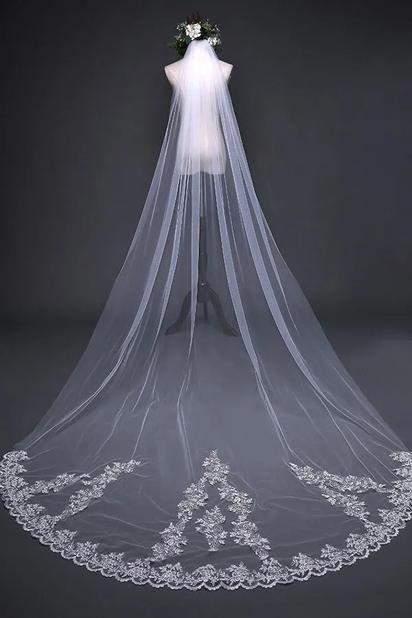 Beautiful Lace Appliques Tulle Long Wedding Veil V36