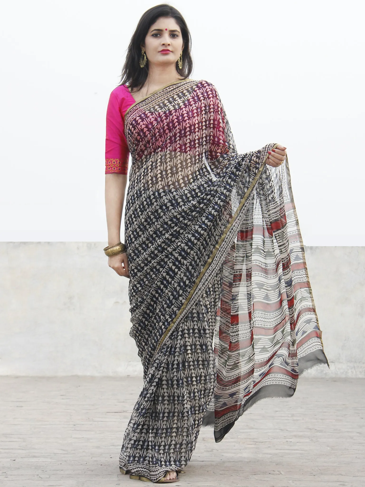 Beige Black Hand Block Printed Chiffon Saree With Zari Border- S031702571