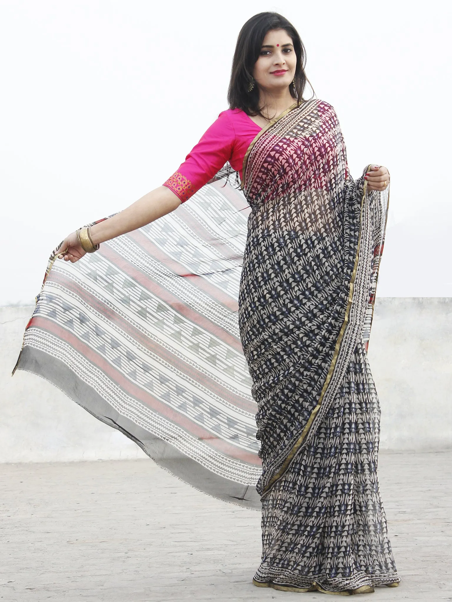 Beige Black Hand Block Printed Chiffon Saree With Zari Border- S031702571