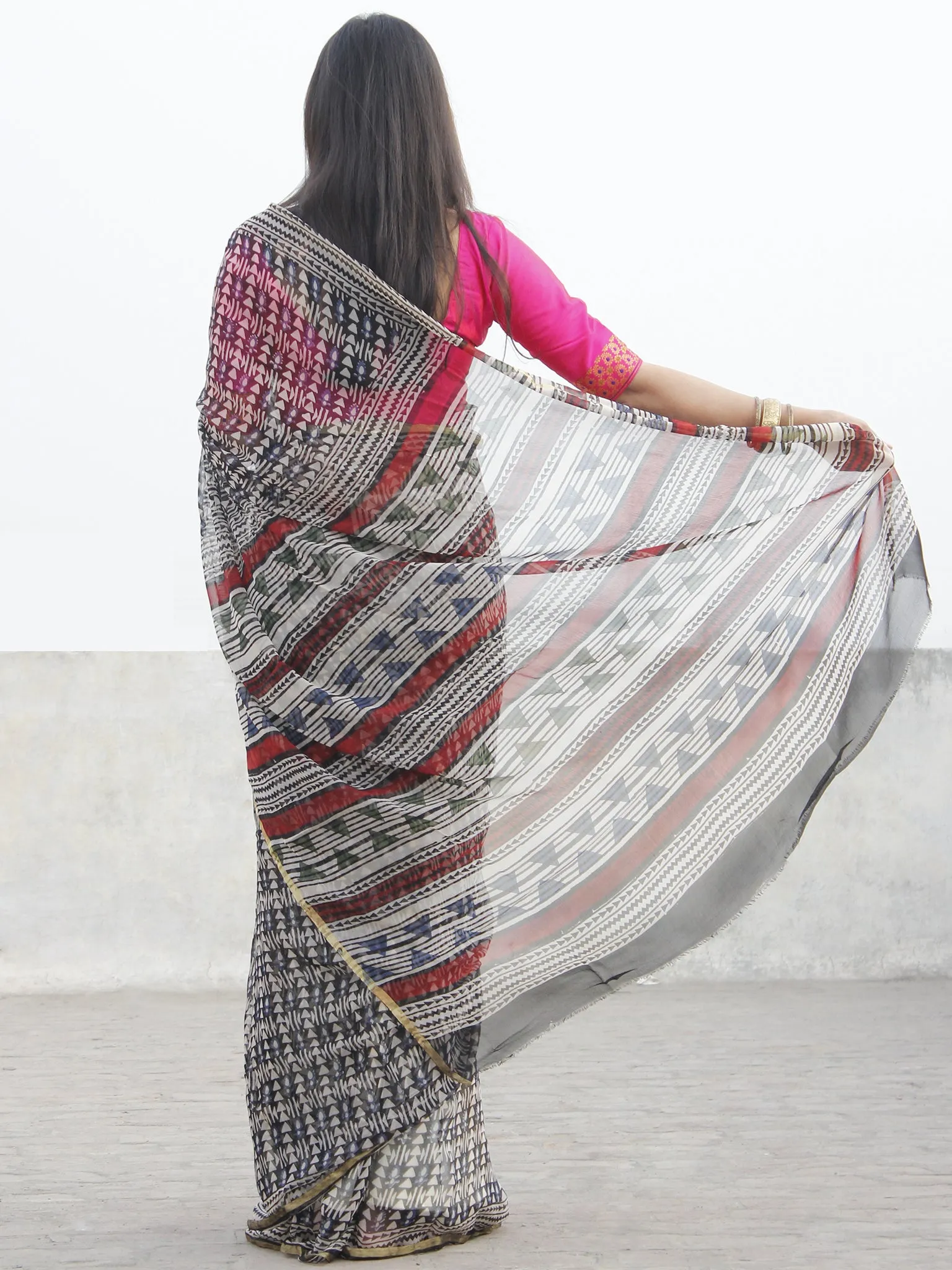 Beige Black Hand Block Printed Chiffon Saree With Zari Border- S031702571