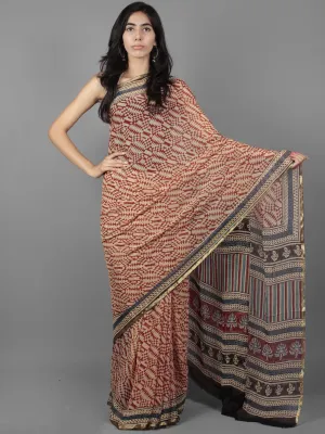 Beige Maroon Grey Black Hand Block Printed Chiffon Saree - S031701891