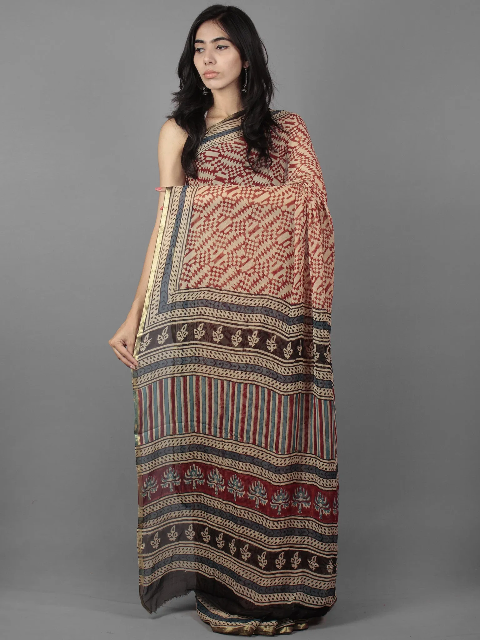 Beige Maroon Grey Black Hand Block Printed Chiffon Saree - S031701891