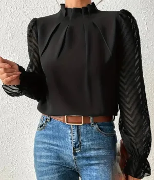 Black Blouses with Lice Sleeves, Ruffle Collars