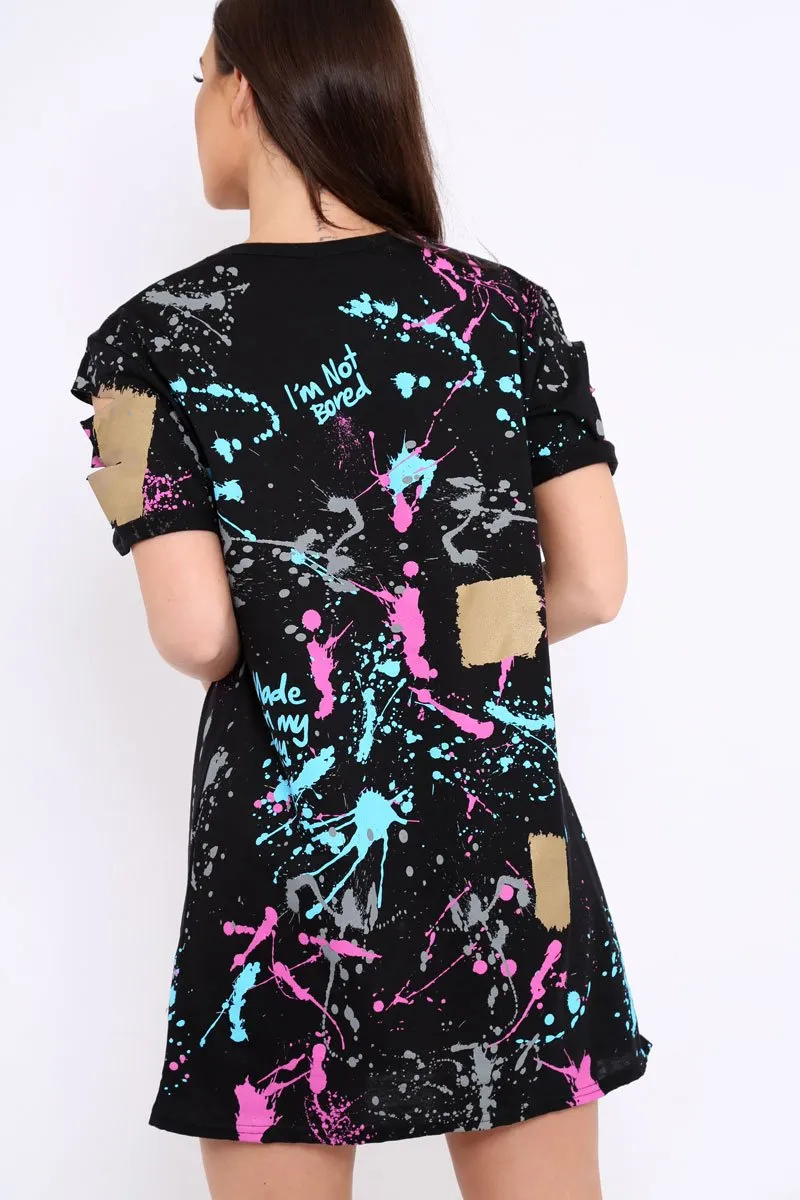 Black Distressed Paint Splatter T-Shirt Dress - Masa