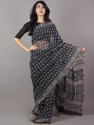 Black Ivory Hand Block Printed Chiffon Saree - S031701682