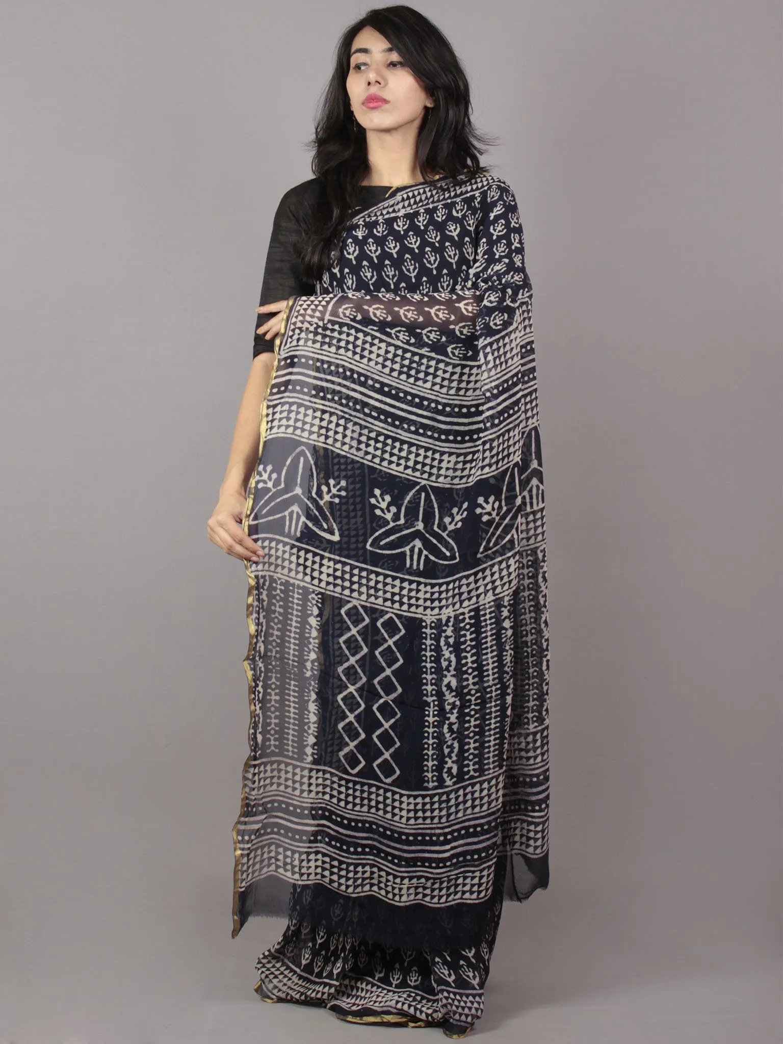 Black Ivory Hand Block Printed Chiffon Saree - S031701682