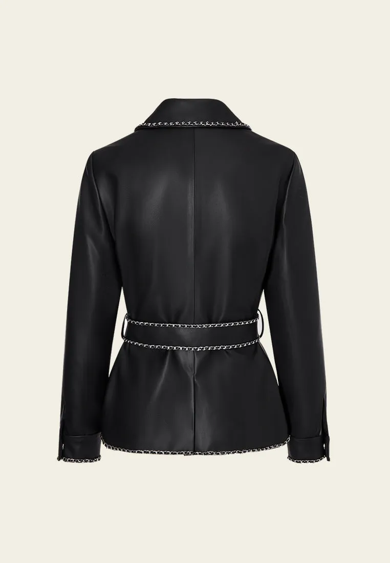 Chain-detail Vegan Leather Tie-waist Jacket