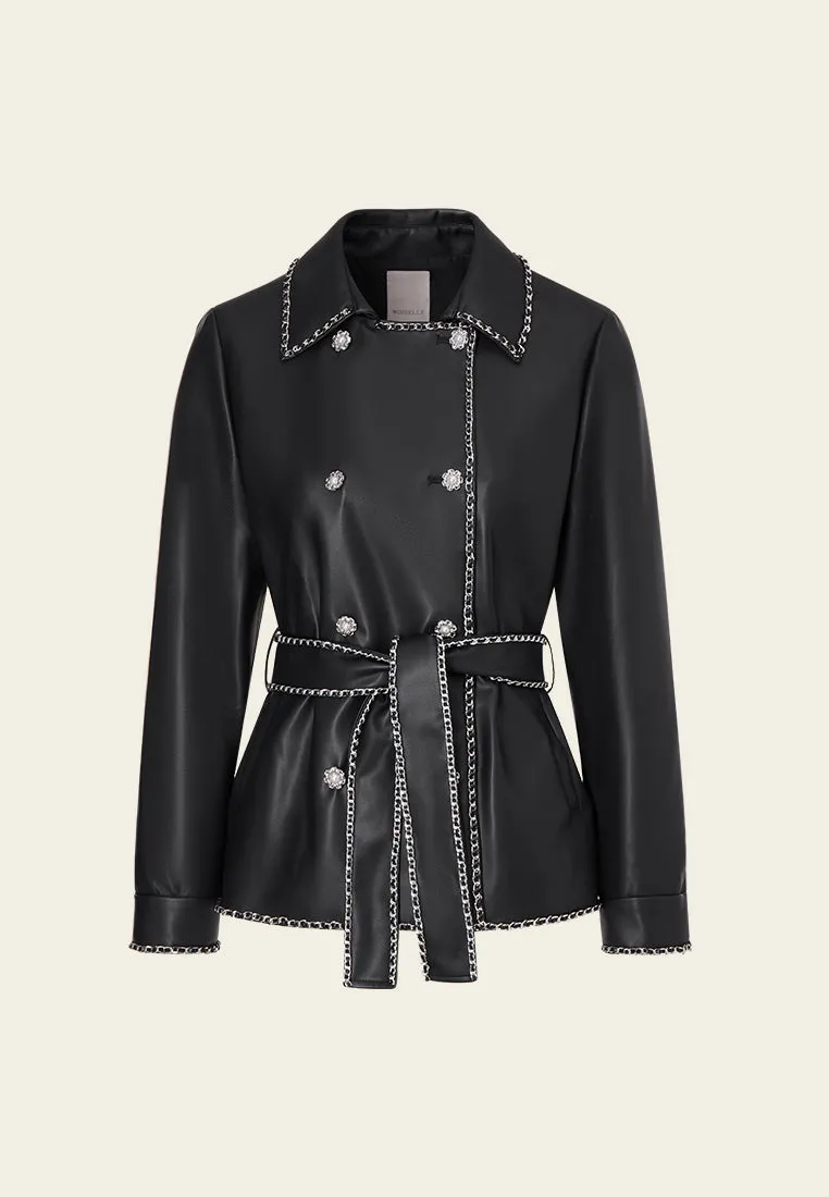 Chain-detail Vegan Leather Tie-waist Jacket