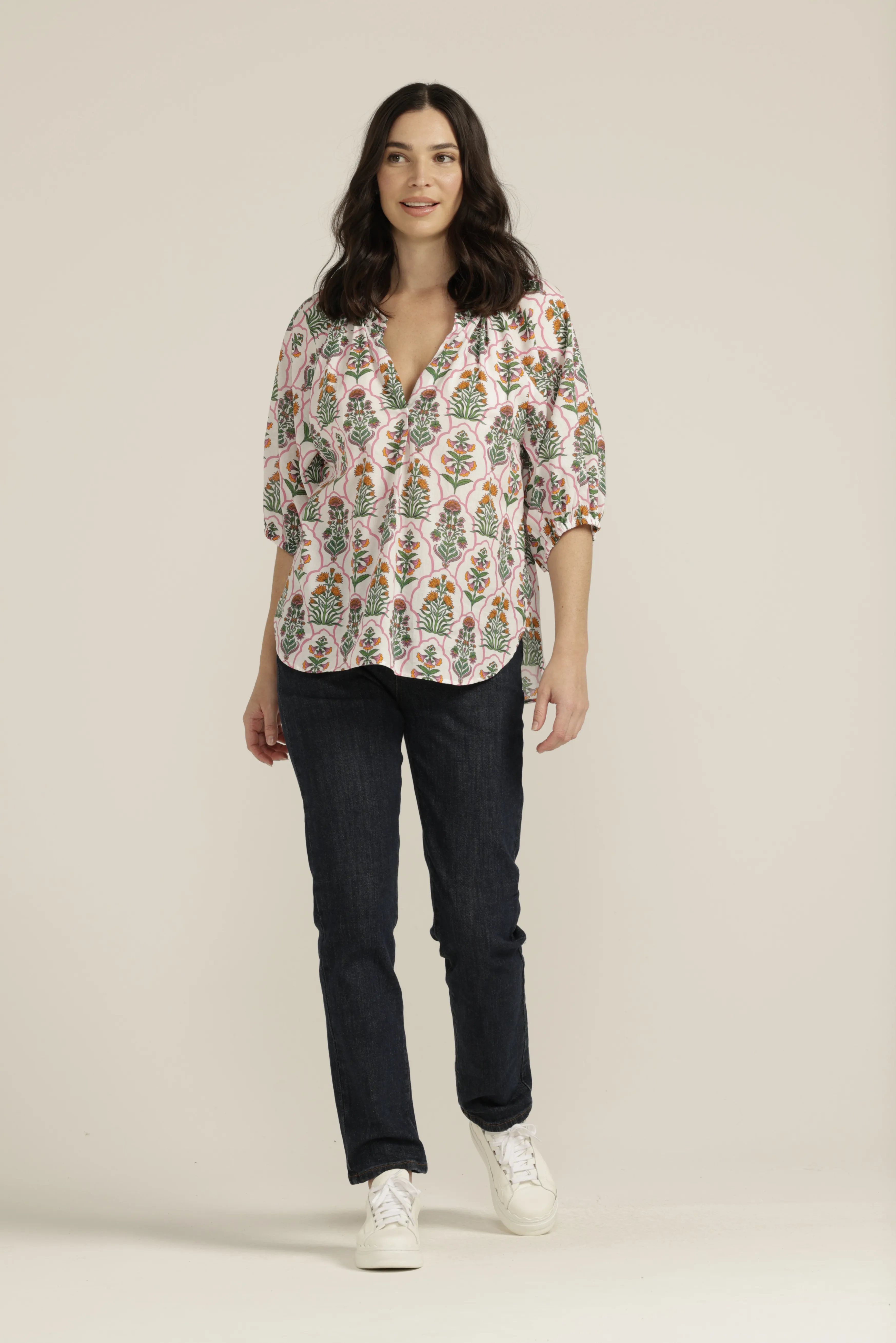 Cotton Mosaic Print Peasant Top