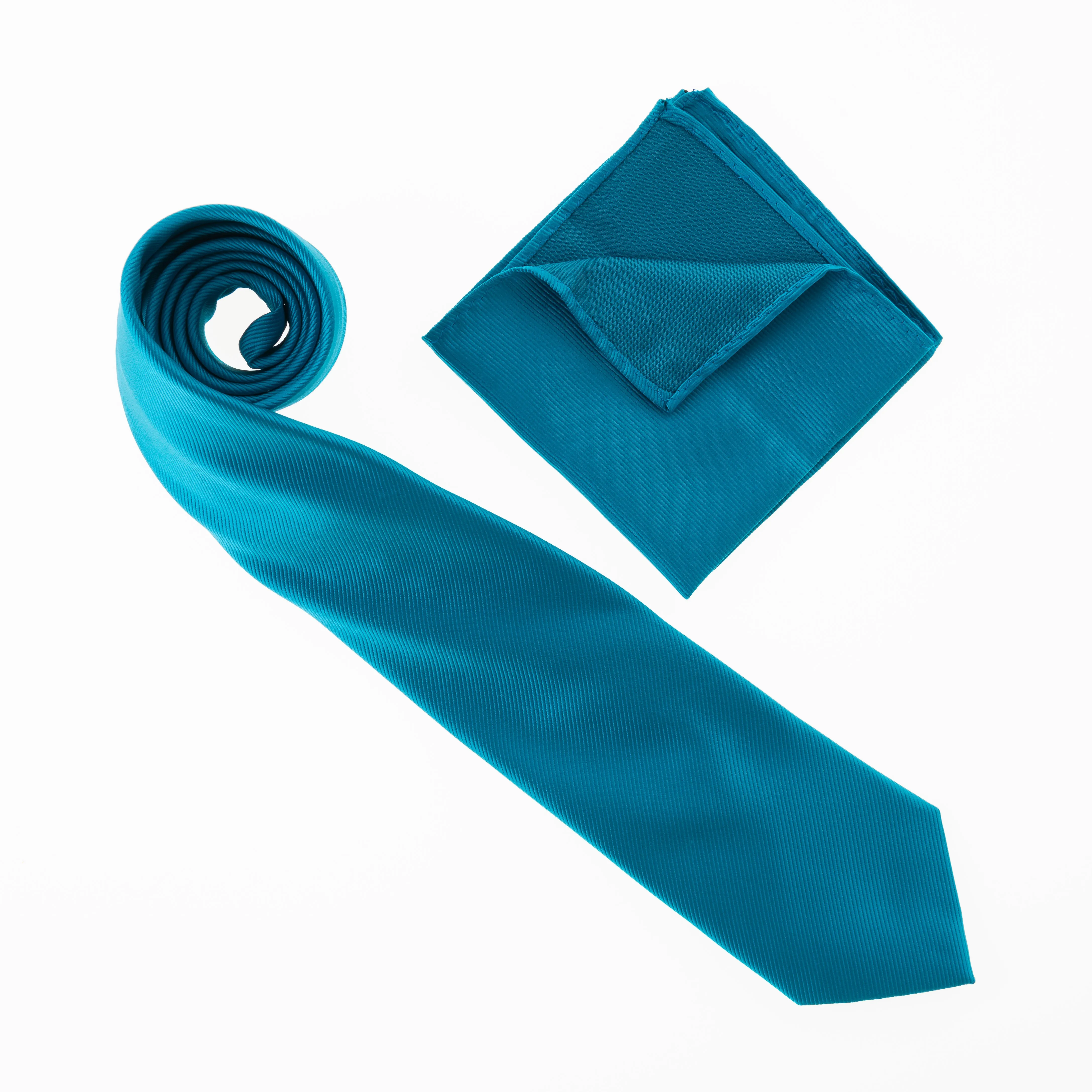 Cyan Blue Corded Weave Necktie with a Matching Pocket Square