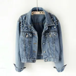 Fashion Women’s Denim Jacket Full Sleeve Loose Button Pearls