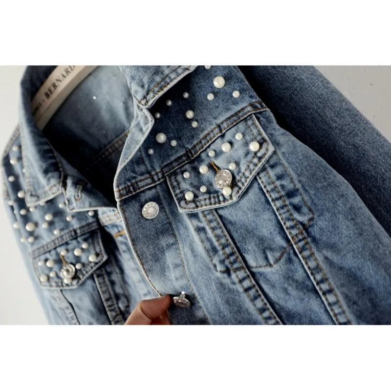 Fashion Women’s Denim Jacket Full Sleeve Loose Button Pearls