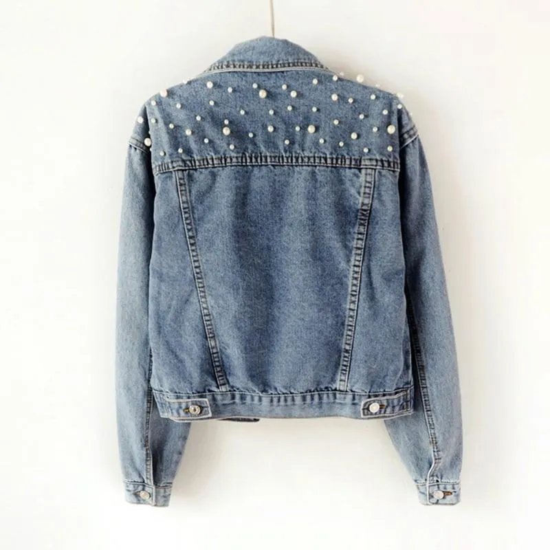 Fashion Women’s Denim Jacket Full Sleeve Loose Button Pearls