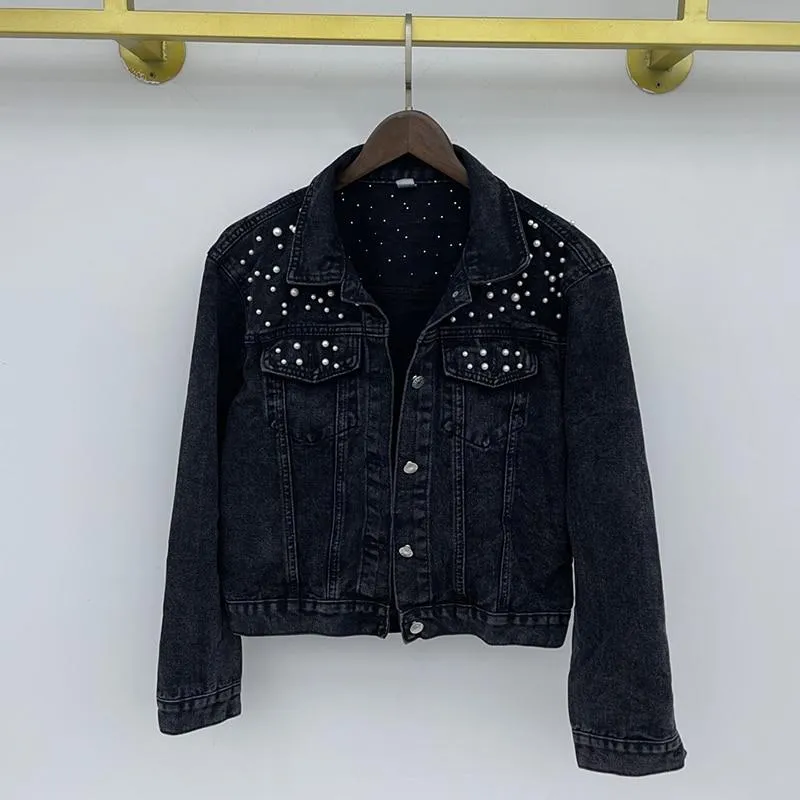 Fashion Women’s Denim Jacket Full Sleeve Loose Button Pearls