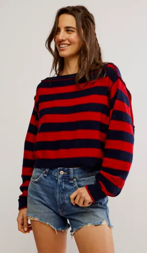 Free People Into the Blue Pullover- Red Combo