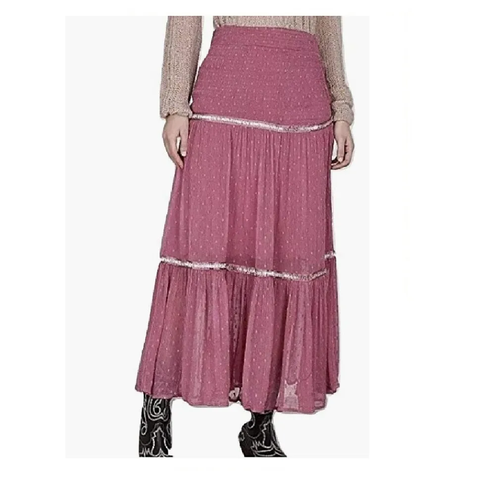 Free People Women's Zippered Embellished Textured Pleated Tea-Length Party Peasant Skirt Pink Size10