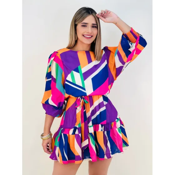 Fuchsia Abstract Printed Tie Waist Mini Dress