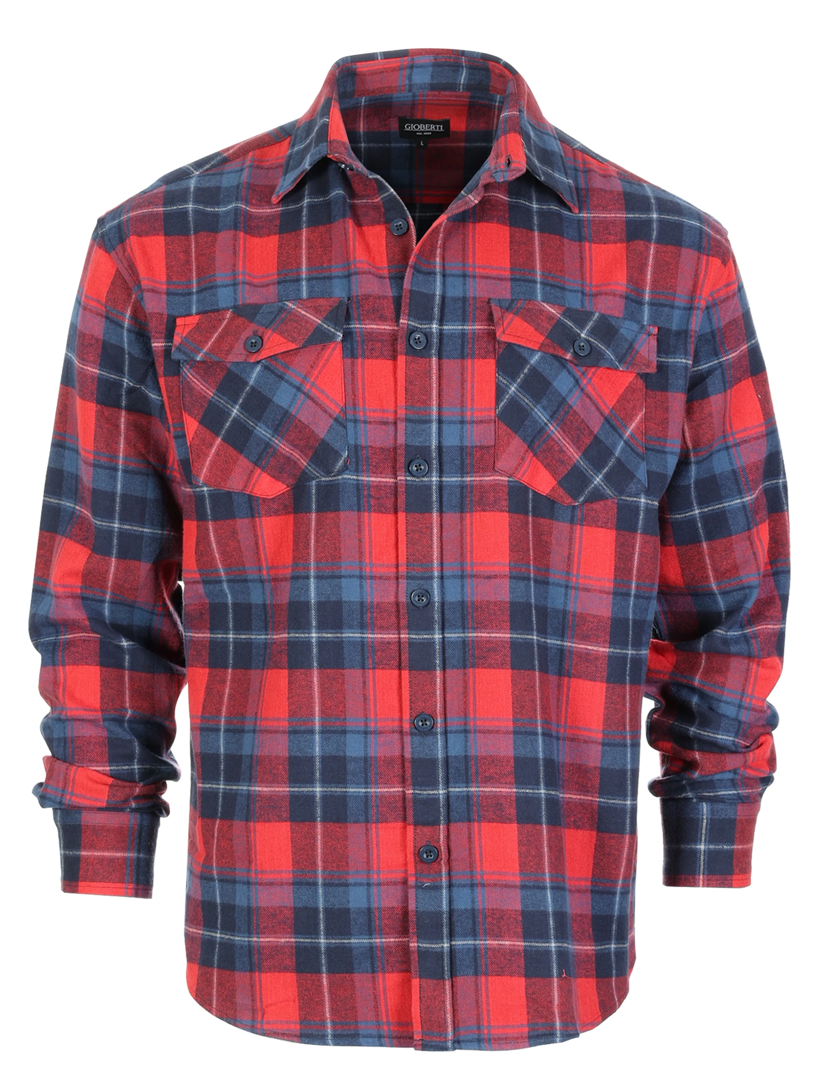 Gioberti Men's Red / Navy Plaid Checkered Brushed Flannel Shirt