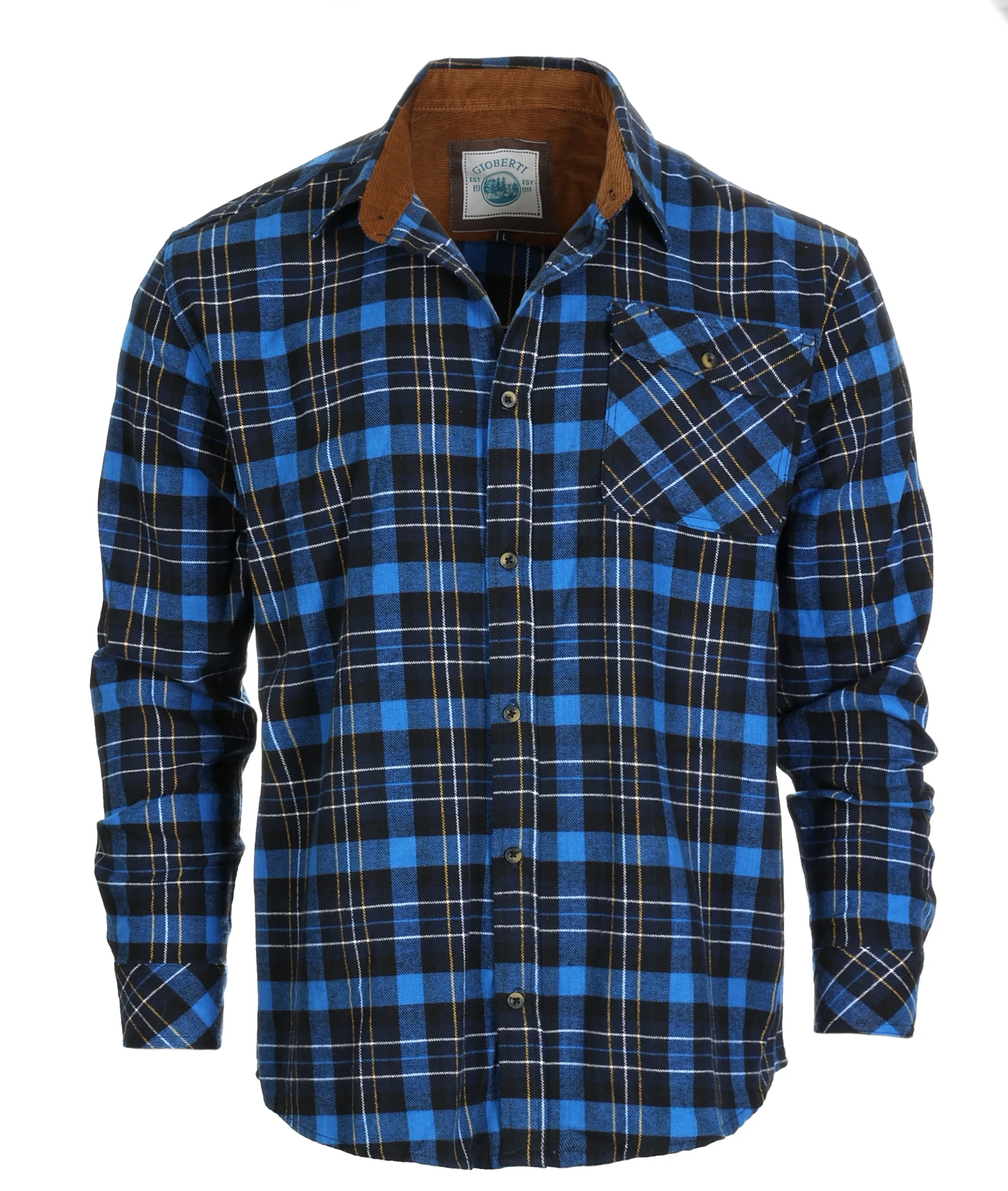 Gioberti Men's Royal Blue / Midnight / Yellow White Highlight 100% Cotton Brushed Flannel Plaid Checkered Shirt with Corduroy Contrast