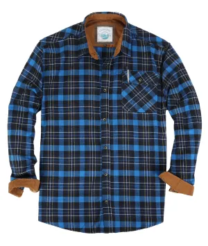 Gioberti Men's Royal Blue / Midnight / Yellow White Highlight 100% Cotton Brushed Flannel Plaid Checkered Shirt with Corduroy Contrast