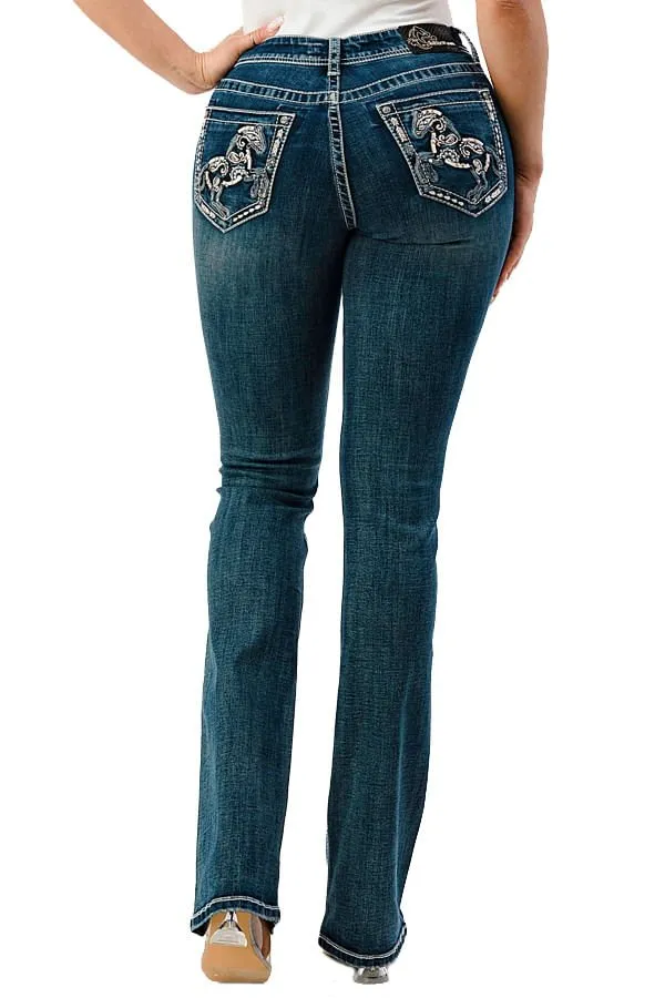 Grace in LA Horse Embroidered Mid Rise Bootcut Jeans