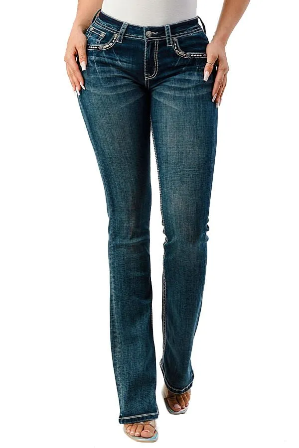 Grace in LA Horse Embroidered Mid Rise Bootcut Jeans