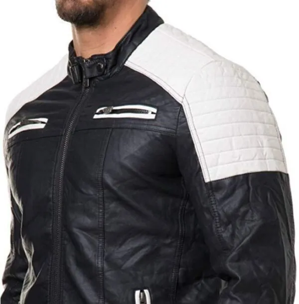 Handmade Men's Black and White Slim Fit Biker Jacket, Men Leather Jackets