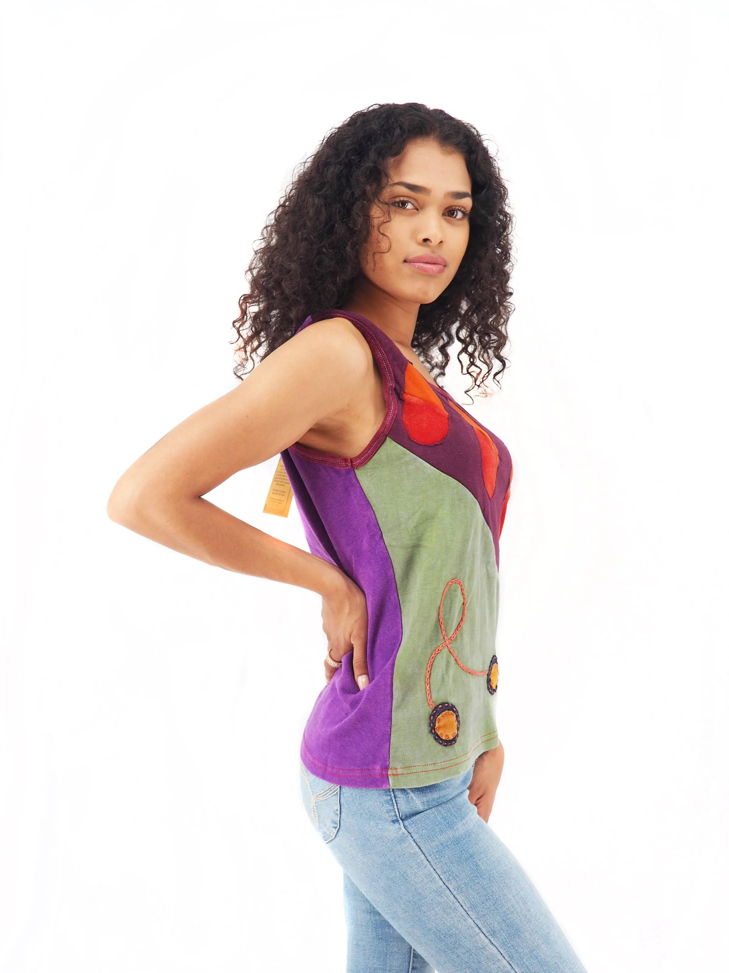 Handmade Patchwork Boho Tank Top 100% Pre-Washed Cotton Eggplant Green Tones S-M-L-XL