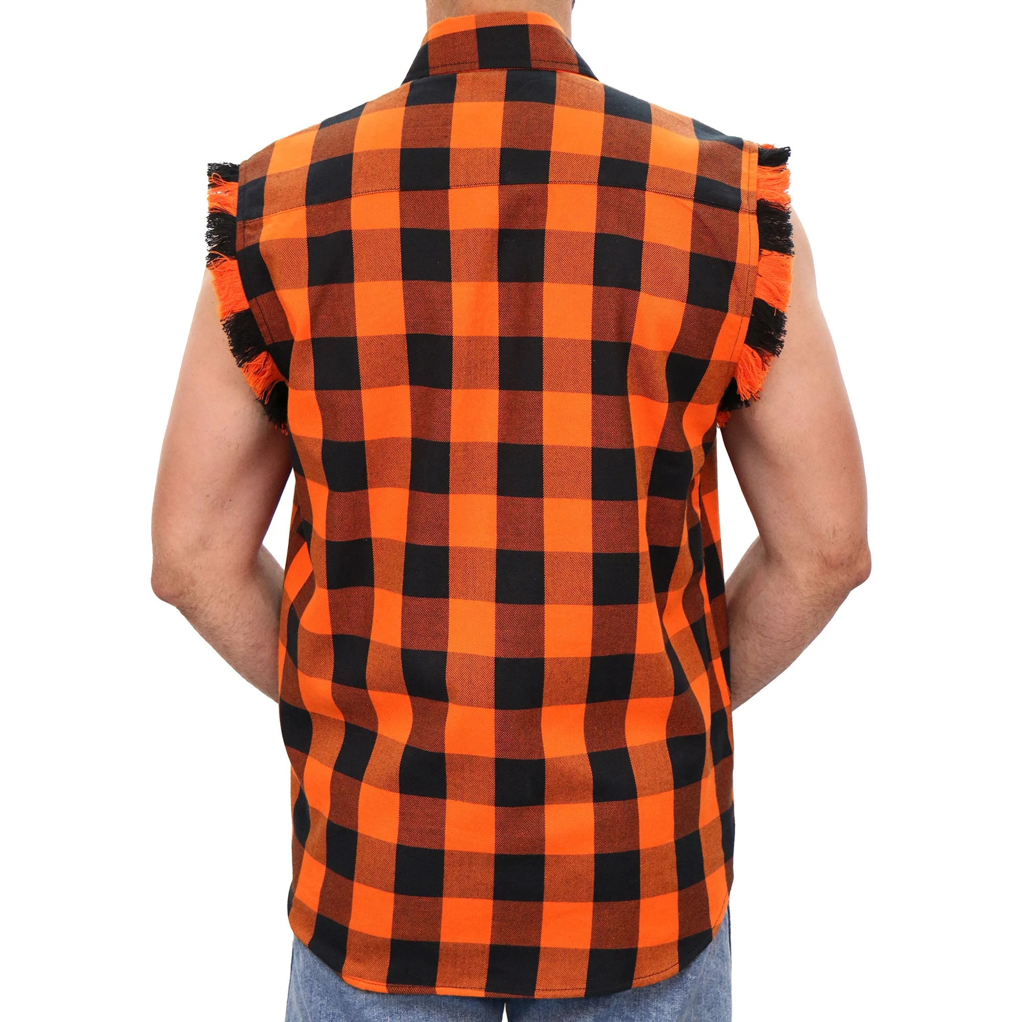 Hot Leathers No Sleeve Fringe Orange and Black Flannel FLM5210