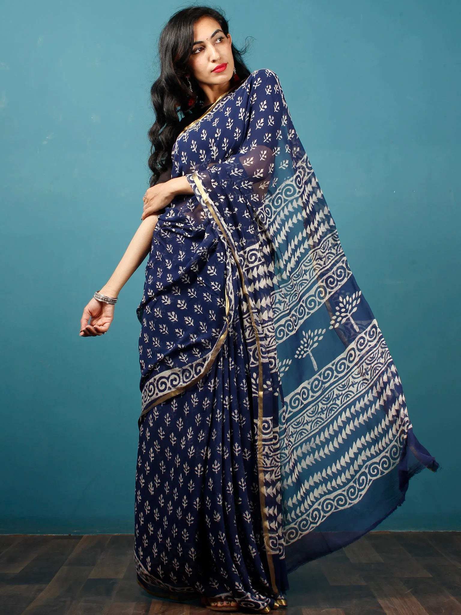 Indigo Ivory Hand Block Printed Chiffon Saree with Zari Border - S031702786