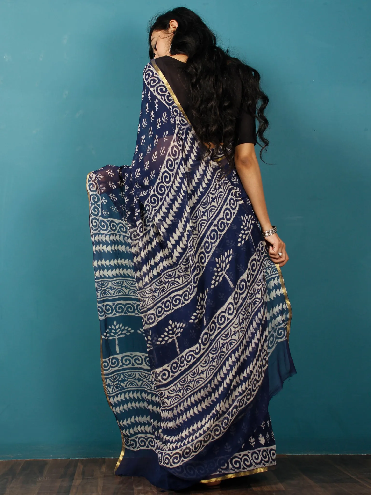 Indigo Ivory Hand Block Printed Chiffon Saree with Zari Border - S031702786