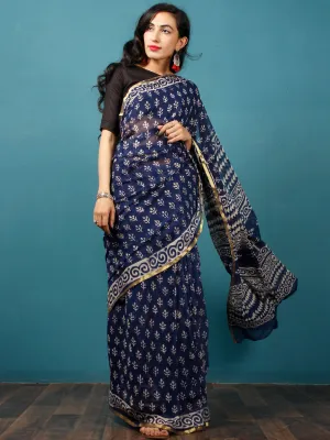 Indigo Ivory Hand Block Printed Chiffon Saree with Zari Border - S031702786