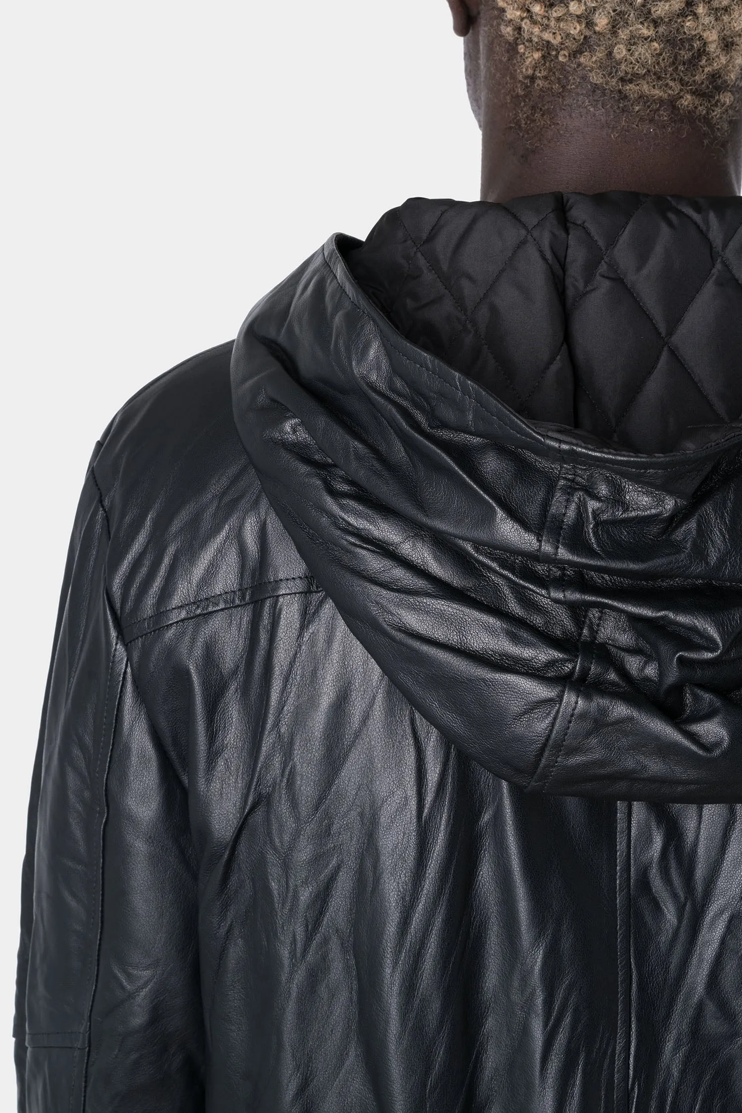 Insulated washed leather hooded zip jacket