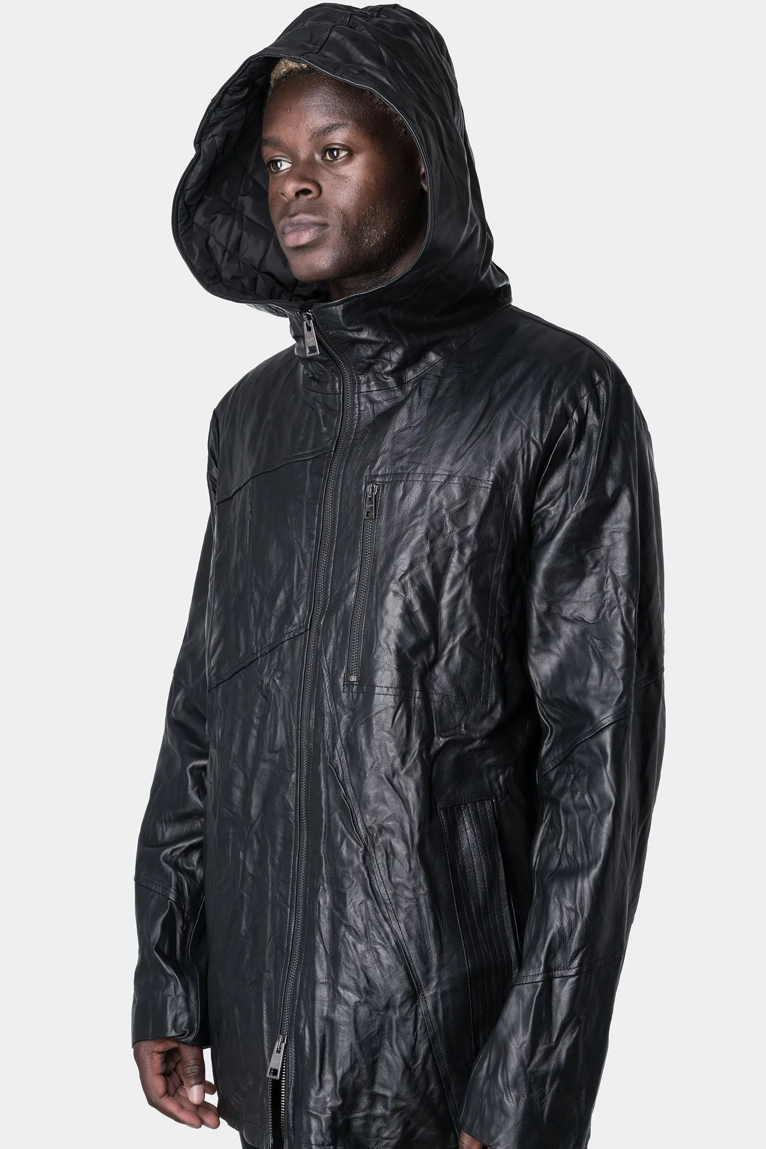 Insulated washed leather hooded zip jacket