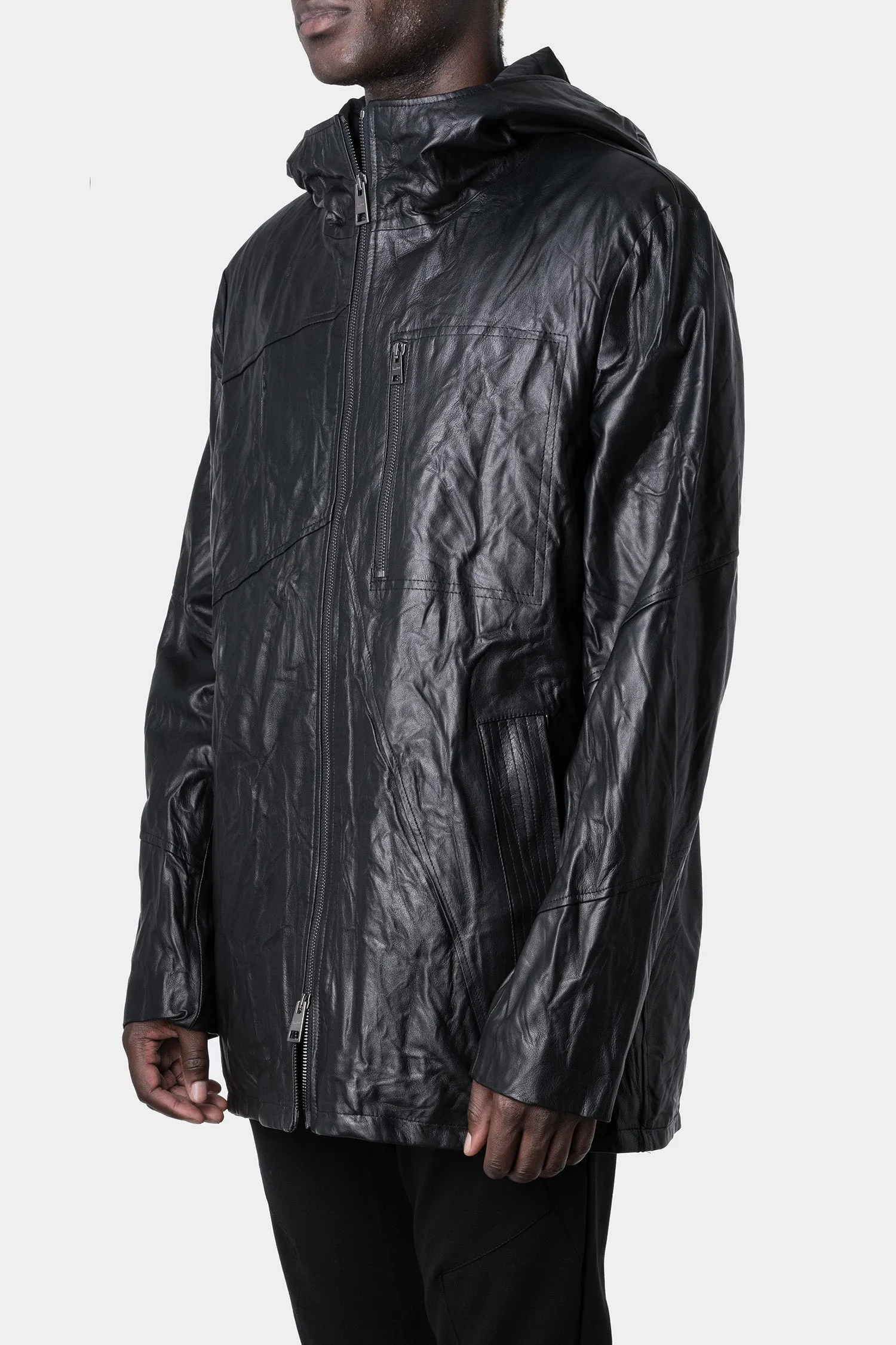 Insulated washed leather hooded zip jacket