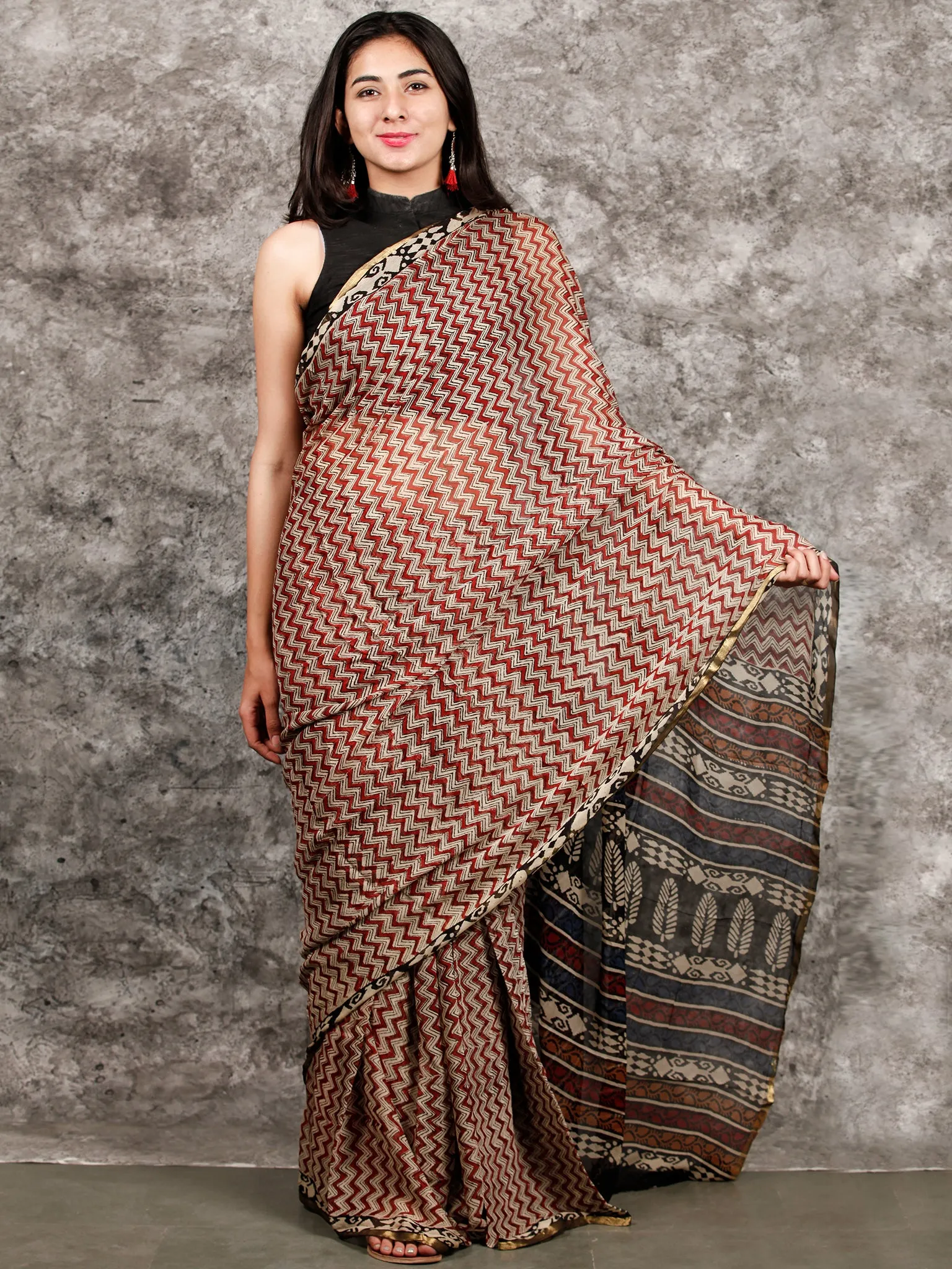 Ivory Black Maroon Hand Block Printed Chiffon Saree with Zari Border - S031703229