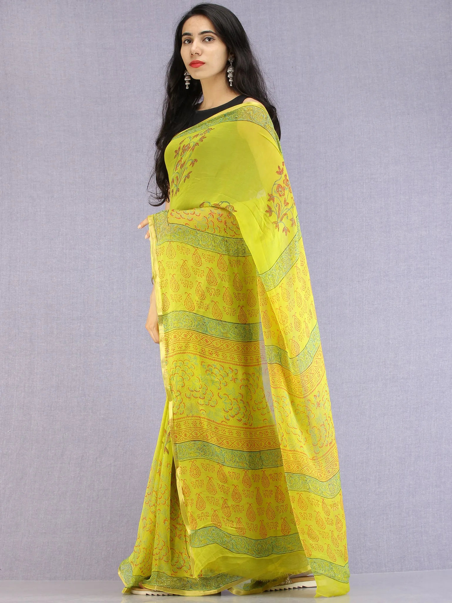 Lime Green Red Green Hand Block Printed Chiffon Saree with Zari Border - S031704608