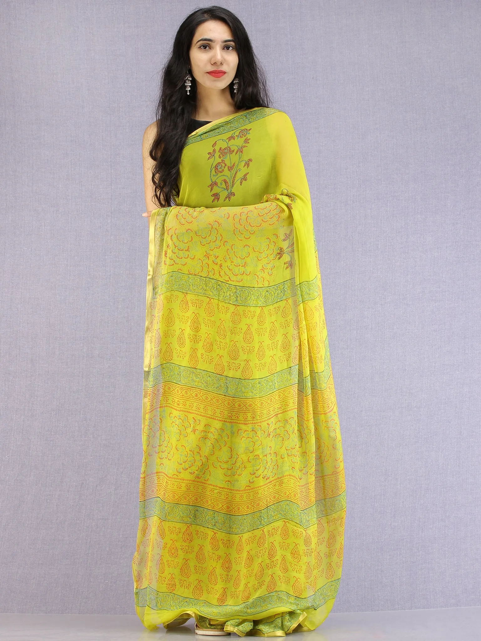 Lime Green Red Green Hand Block Printed Chiffon Saree with Zari Border - S031704608