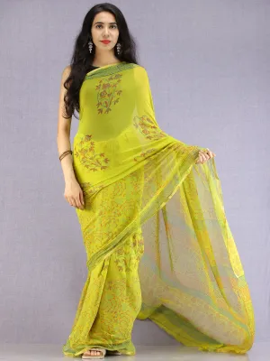 Lime Green Red Green Hand Block Printed Chiffon Saree with Zari Border - S031704608