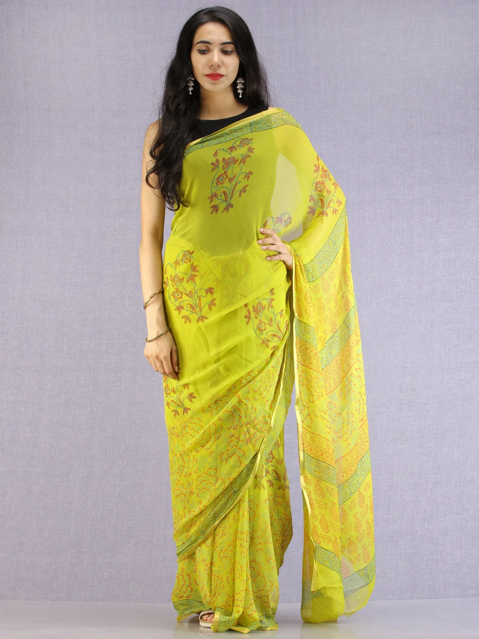 Lime Green Red Green Hand Block Printed Chiffon Saree with Zari Border - S031704608