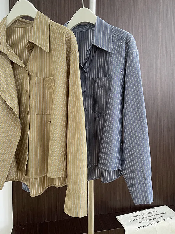 Long Sleeves Loose Asymmetric Split-Joint Striped Lapel Blouses