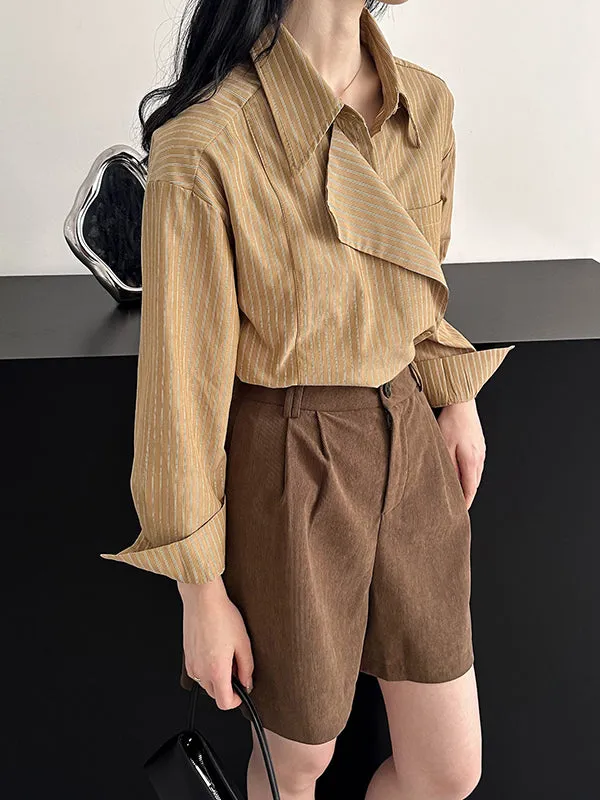 Long Sleeves Loose Asymmetric Split-Joint Striped Lapel Blouses